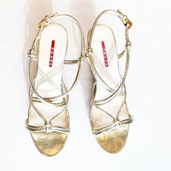 Prada Sport Gold Leather Platform Espadrille Wedge Sandals, Size 10.5 - Picture 2 of 8